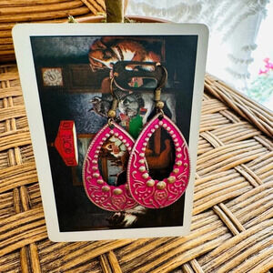 Pink western boho dangle teardrop metal earrings